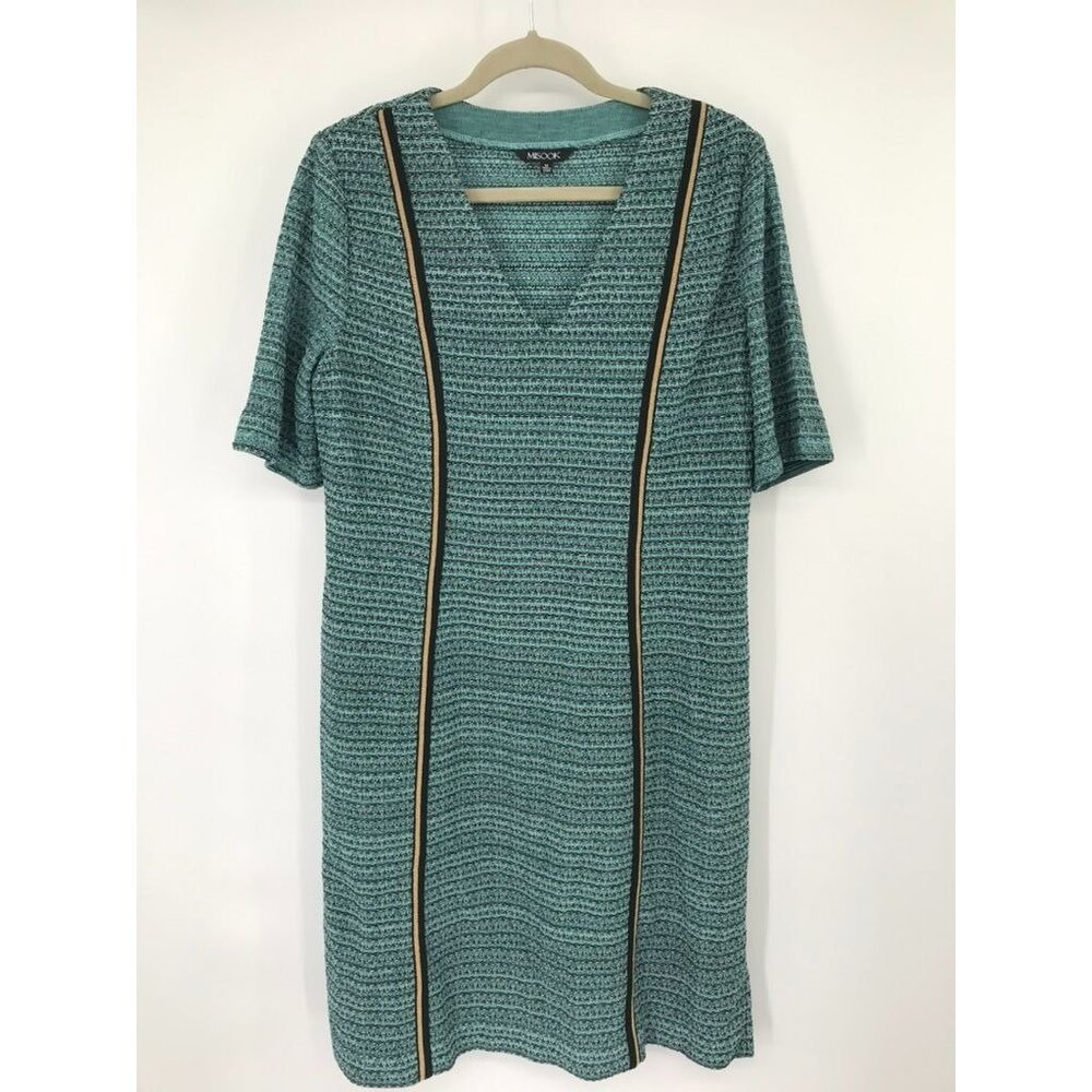 Misook Womens Green Knit Short Sleeve V-Neck Dress size medium Gold embellished - Picture 5 of 15